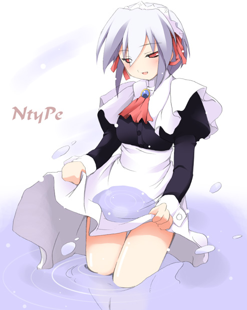 mizoguchi keiji, kotonomiya yuki, suigetsu, silver hair, 1girl, blush, brooch, clothes lift, female focus, hair between eyes, hair ribbon, jewelry, looking down, maid, maid headdress, open mouth, red eyes, ribbon, shiny skin, skirt, skirt hold, skirt lift, solo, wading, water, wet, wet clothes