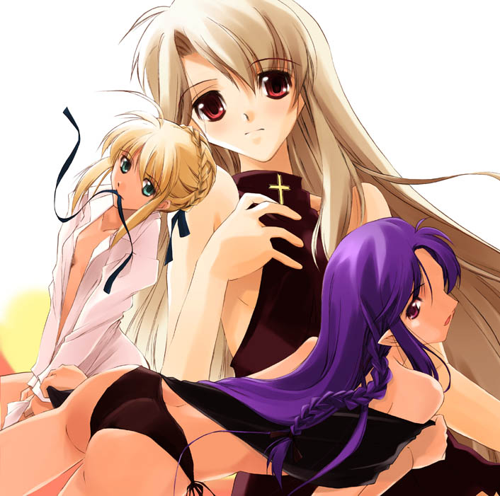 nagare hyougo, artoria pendragon (fate), illyasviel von einzbern, medea (caster) (fate), medea (fate), saber (fate), fate/stay night, fate (series), 00s, 3girls, back, black panties, blonde hair, braid, brown hair, dress, dress shirt, green eyes, hair bun, long hair, mouth hold, multiple girls, open clothes, open shirt, panties, purple hair, red eyes, shirt, side-tie panties, single hair bun, underwear, white hair