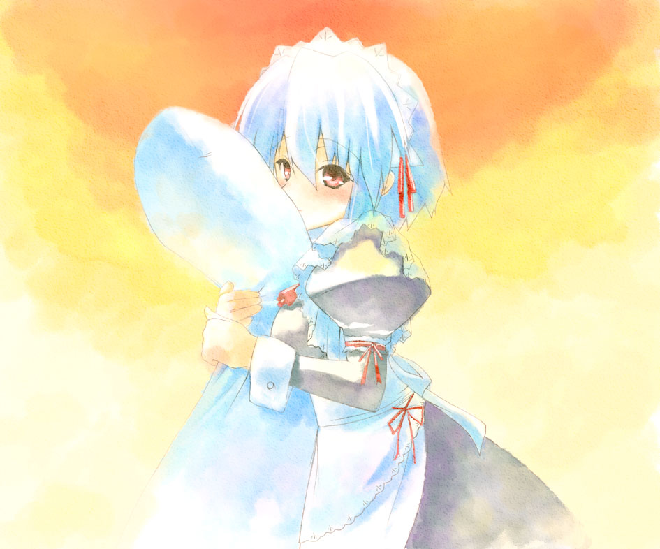 saeki touma, kotonomiya yuki, suigetsu, 1girl, blue hair, female focus, maid, pillow, solo