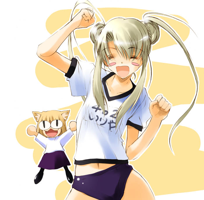 nagare hyougo, illyasviel von einzbern, neco-arc, fate/stay night, fate (series), 00s, 2girls, ^ ^, animal ears, blush stickers, buruma, cat ears, closed eyes, collarbone, cowboy shot, dancing, double bun, fangs, gym uniform, hair bun, multiple girls, navel, purple buruma, purple skirt, short hair with long locks, short sleeves, sidelocks, simple background, skirt, twintails