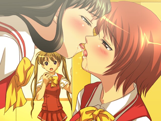 sanshita, kamiizumi yasuna, kurusu tomari, osaragi hazumu, kashimashi, 00s, 3girls, black eyes, black hair, blush, brown hair, caught, couple, french kiss, kiss, multiple girls, red eyes, saliva, school uniform, twintails, yuri