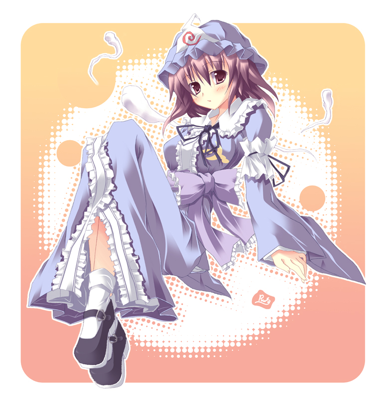 ruru (artist), ruru (heat haze), saigyouji yuyuko, touhou, 1girl, :o, arm support, blush, bow, bowtie, breasts, crossed legs, female focus, frills, full body, gradient background, halftone, halftone background, hat, head tilt, hitodama, japanese clothes, kimono, large breasts, leaning back, long sleeves, looking at viewer, mary janes, obi, orange background, pink background, pink eyes, pink hair, sash, shoes, sitting, socks, solo, triangular headpiece, white background, white socks, wide sleeves