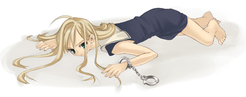 piyodera mucha, original, barefoot, cuffs, feet, full body, handcuffs, school uniform, serafuku, solo, toes