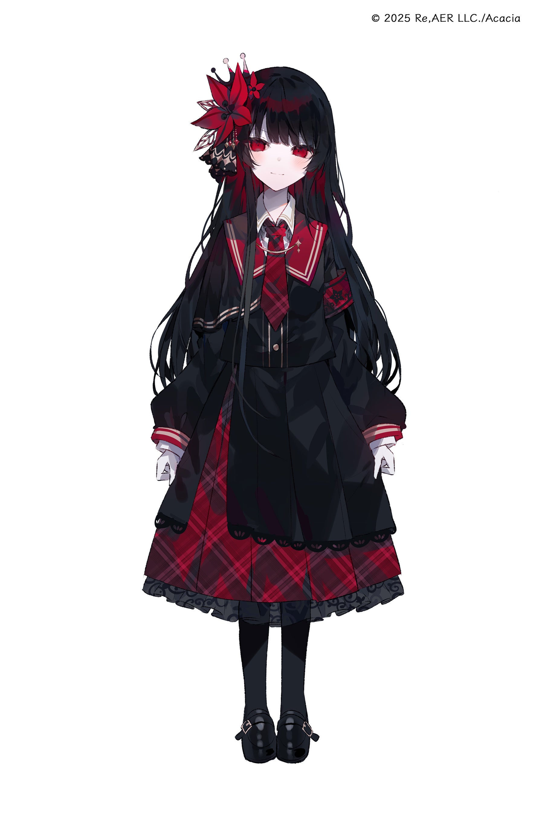 umemaro (siona0908), nikaidou hiro, mahou shoujo no majo saiban, absurdres, highres, official art, second-party source, 1girl, arms at sides, black hair, black pantyhose, black shirt, black shoes, black skirt, blunt bangs, closed mouth, collared shirt, copyright notice, empty eyes, flower, frilled skirt, frills, full body, hair flower, hair ornament, layered skirt, long hair, long sleeves, looking at viewer, magical girl, necktie, pale skin, pantyhose, plaid clothes, plaid skirt, pleated skirt, red eyes, red flower, red necktie, shirt, shoes, simple background, skirt, smile, solo, standing, tachi-e, white background, white shirt
