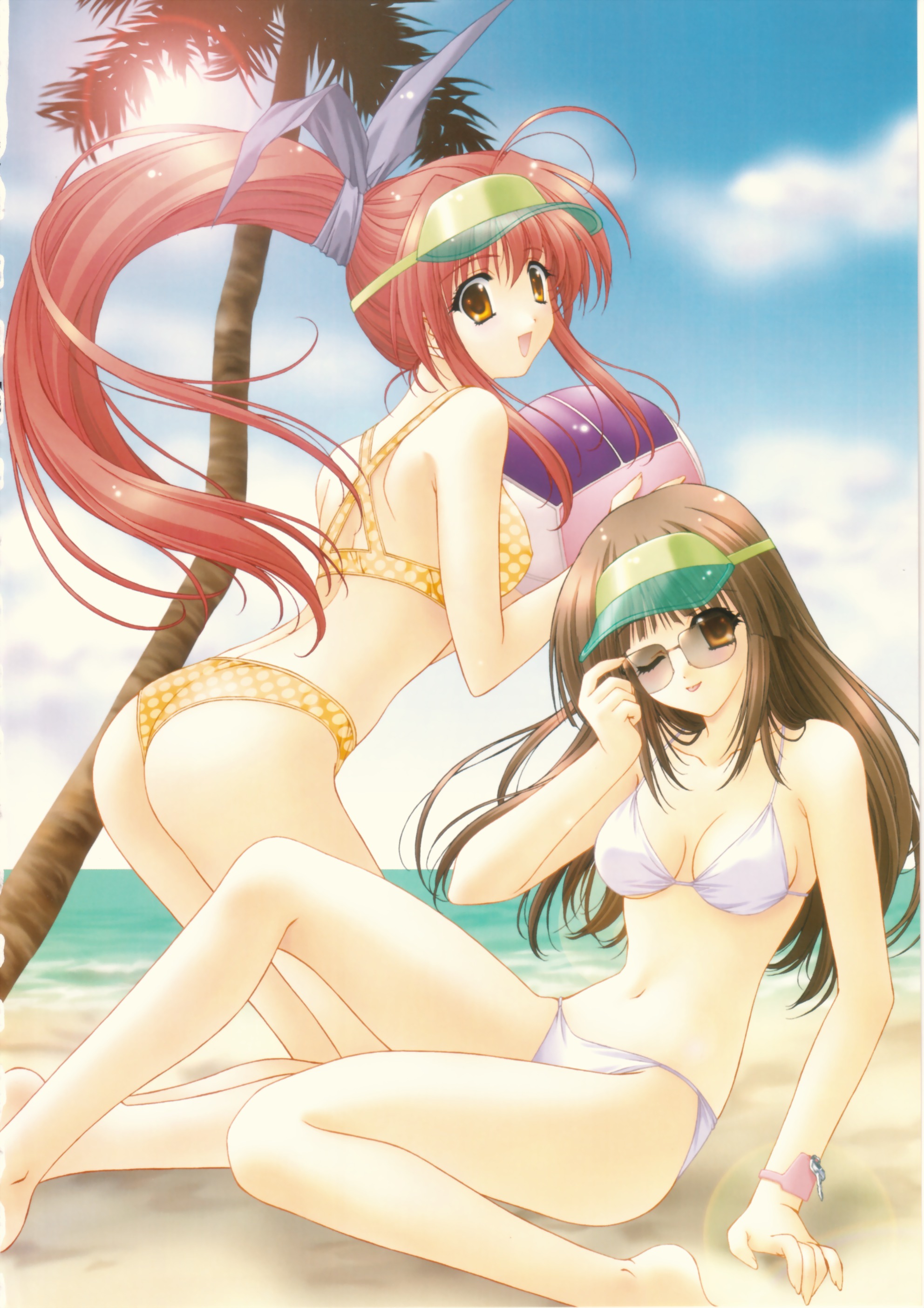 kimizuka aoi, visor, absurdres, highres, scan, 2girls, ass, ball, beach, beachball, bikini, bracelet, breasts, brown hair, cleavage, cloud, day, glasses, hair ribbon, jewelry, key, kneeling, lens flare, long hair, looking back, medium breasts, multiple girls, one eye closed, orange eyes, outdoors, palm tree, pink hair, polka dot, polka dot bikini, polka dot swimsuit, ponytail, ribbon, sitting, sky, smile, sun, sunglasses, swimsuit, tree, visor cap, white bikini, wristband