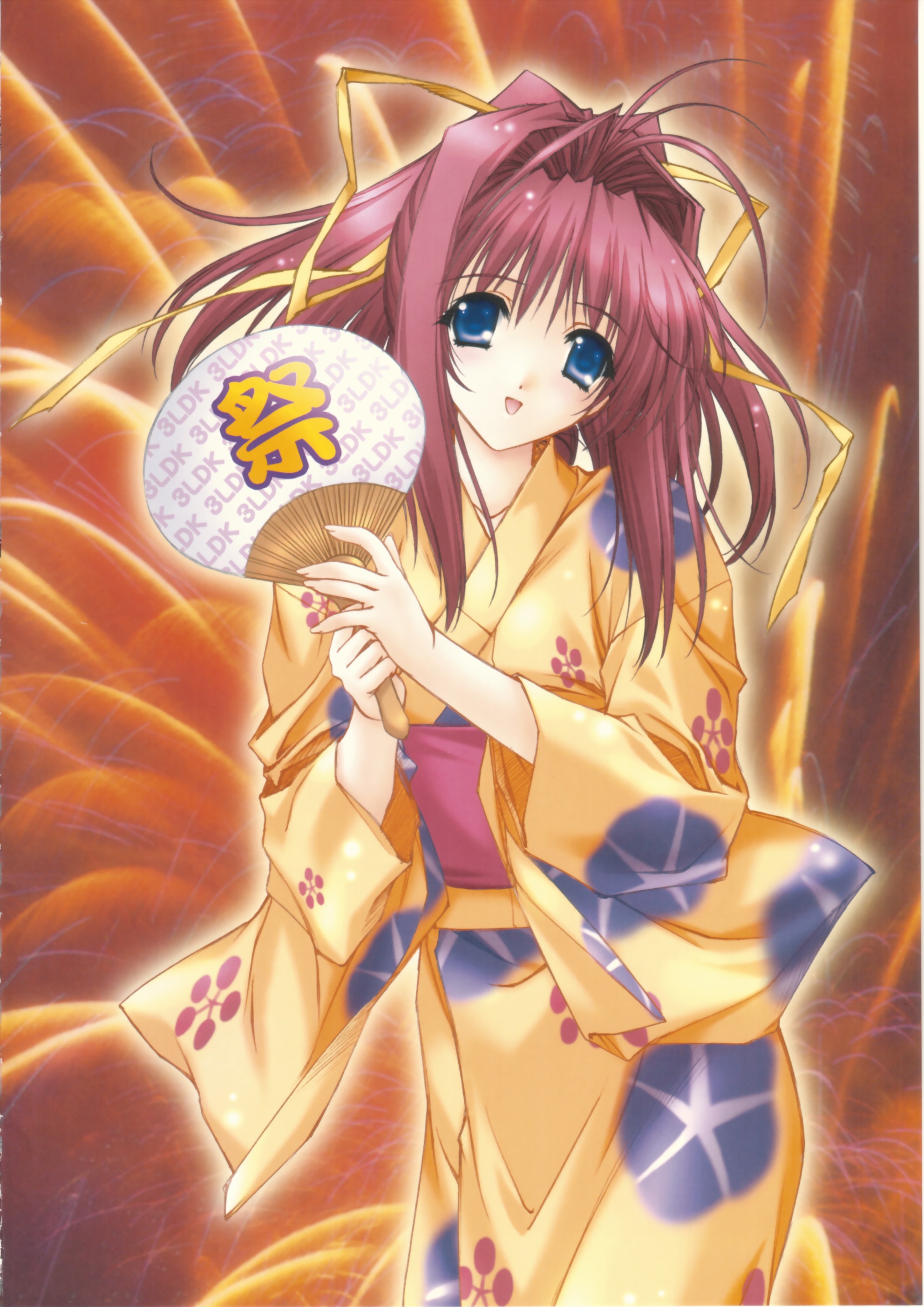 kimizuka aoi, senoo chihogi, 3ldk, absurdres, highres, scan, 1girl, blue eyes, female focus, hair ribbon, hand fan, japanese clothes, kimono, paper fan, pink hair, ponytail, ribbon, solo, uchiwa, yellow kimono, yukata