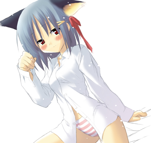 silver hair, animal ears, arm support, bed, blush, brown eyes, cat ears, dress shirt, dutch angle, hair ornament, hair ribbon, hairclip, no pants, panties, paw pose, pink panties, ribbon, shirt, sitting, solo, striped clothes, striped panties, underwear