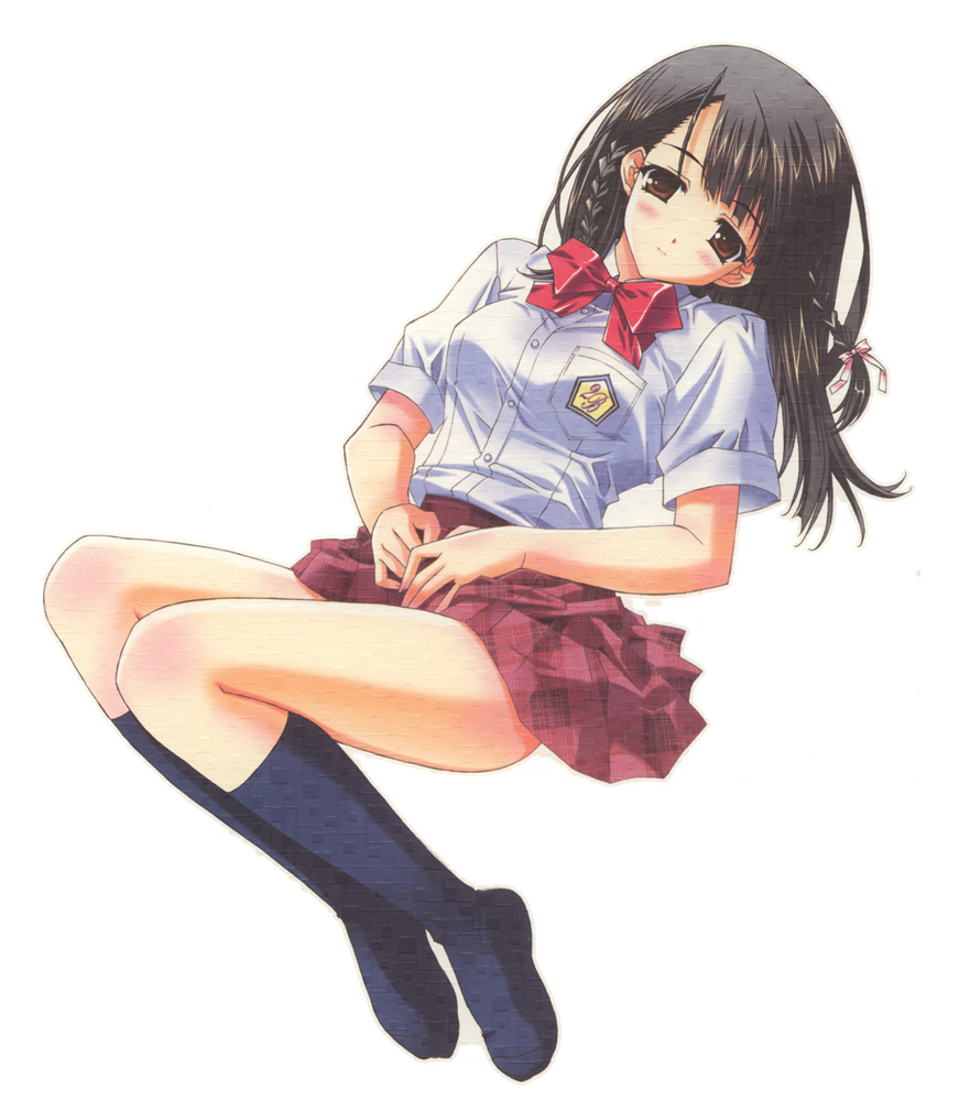 hasumi elan, 1girl, black hair, blush, bow, braid, brown eyes, female focus, ribbon, school uniform, serafuku, socks, solo