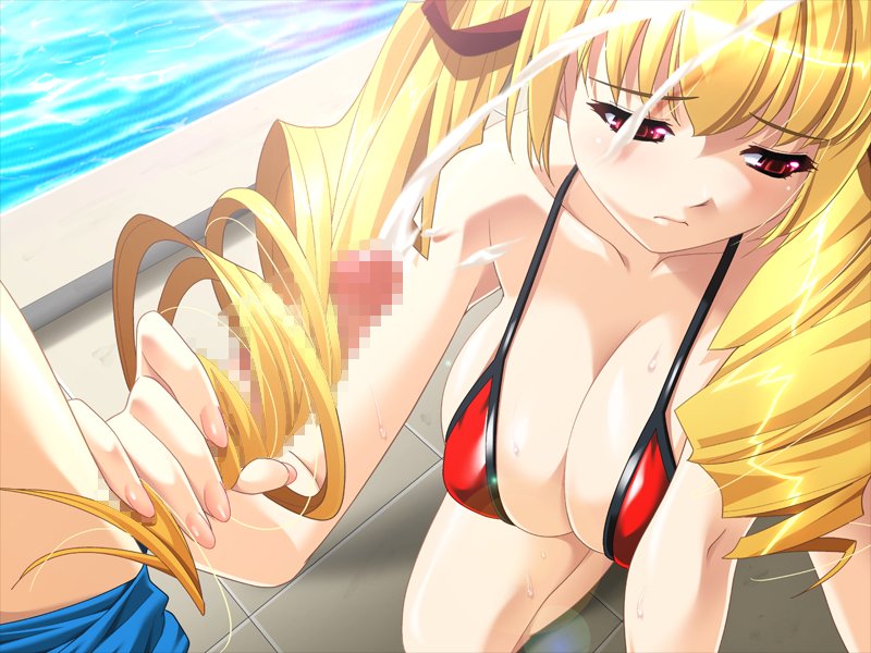 ino (magloid), shinmeiji rinn, oshioki sweetie, game cg, 1girl, bikini, blonde hair, breasts, censored, cleavage, cum, cum on hair, drill hair, ejaculation, from above, hairjob, handjob, large breasts, long hair, micro bikini, mosaic censoring, penis, pool, pov, red eyes, ribbon, sad, solo focus, strap gap, swimsuit