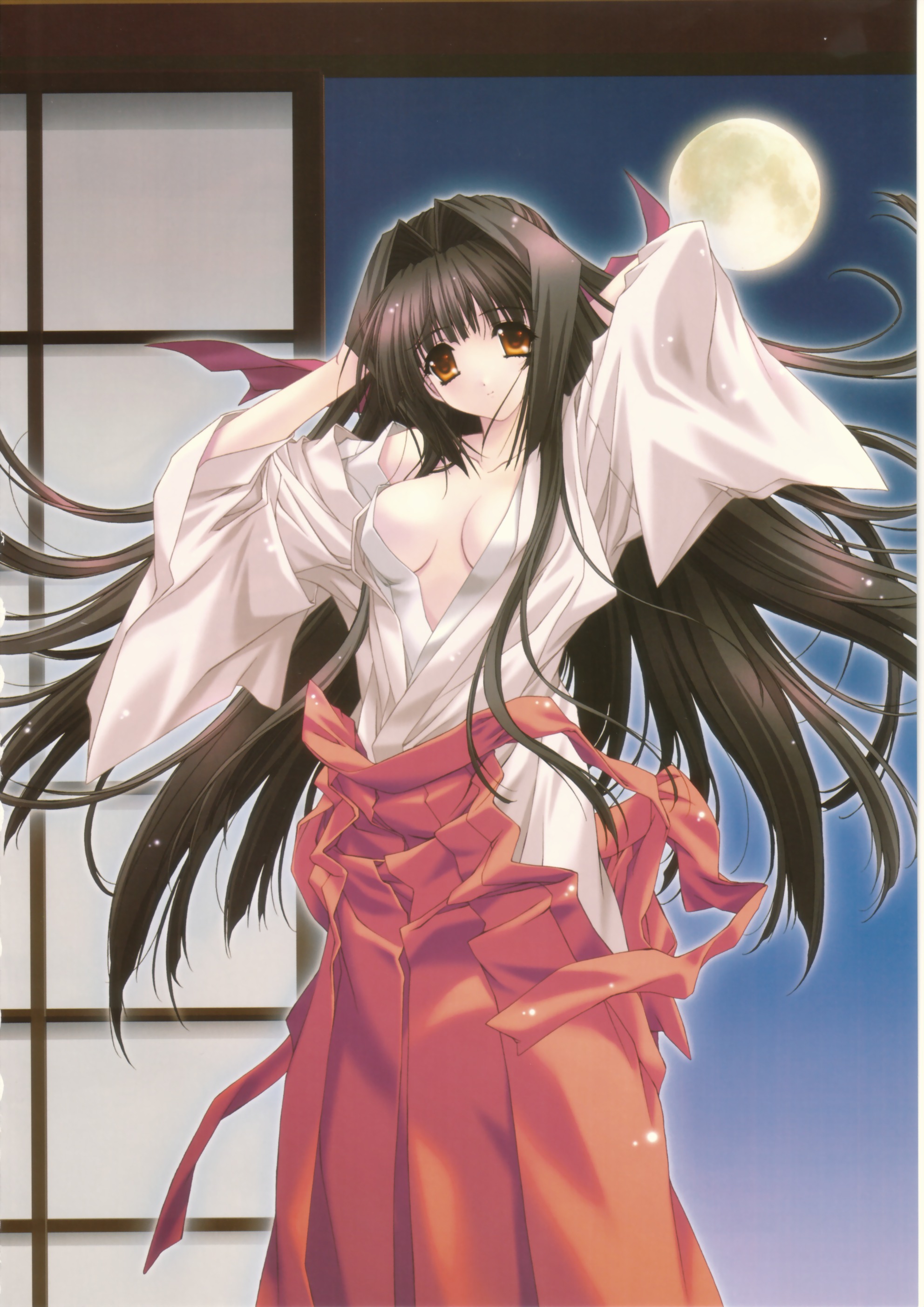 kimizuka aoi, usa mizuki, lost passage, absurdres, highres, scan, 1girl, breasts, female focus, hakama, hakama skirt, japanese clothes, large breasts, long hair, medium breasts, miko, moon, night, no bra, open clothes, open shirt, red hakama, ribbon, shirt, skirt, solo, very long hair