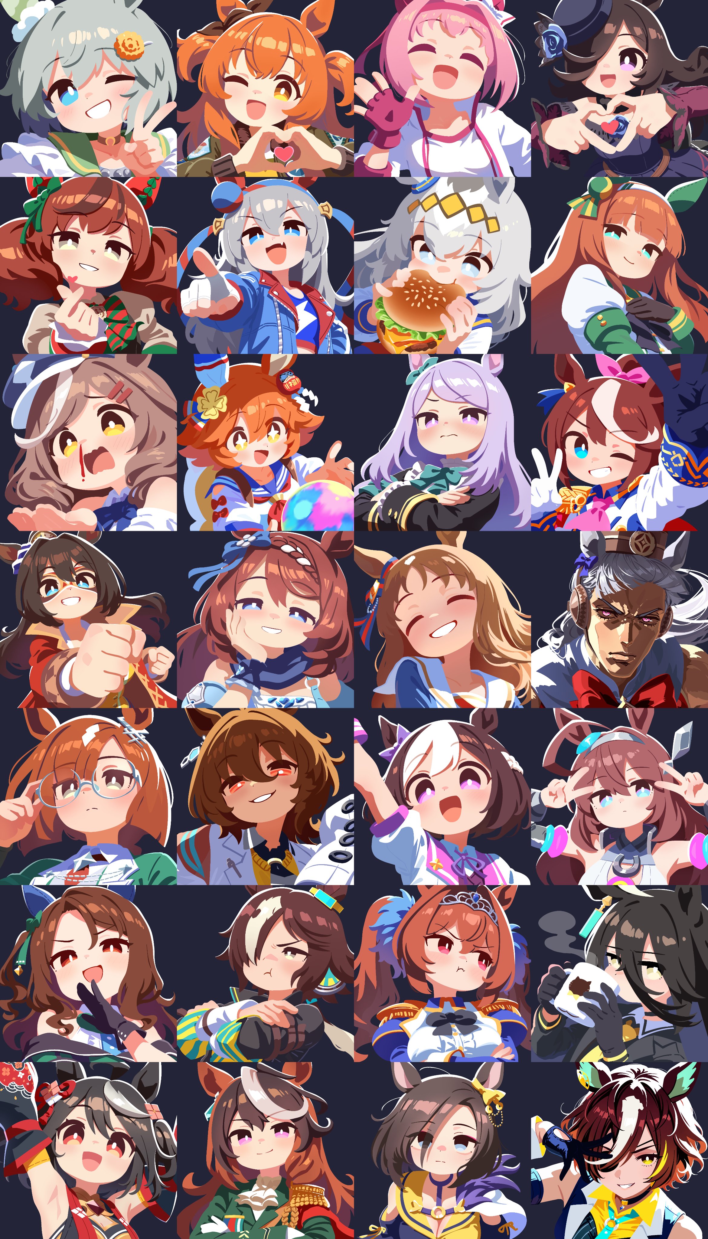 agnes tachyon (umamusume), air groove (umamusume), daiwa scarlet (umamusume), el condor pasa (umamusume), gold ship (umamusume), grass wonder (umamusume), haru urara (umamusume), ikuno dictus (umamusume), king halo (umamusume), kitasan black (umamusume), manhattan cafe (umamusume), matikanefukukitaru (umamusume), matikanetannhauser (umamusume), mayano top gun (umamusume), mejiro mcqueen (umamusume), mihono bourbon (umamusume), nice nature (umamusume), oguri cap (umamusume), rice shower (umamusume), seiun sky (umamusume), silence suzuka (umamusume), special week (umamusume), super creek (umamusume), symboli rudolf (umamusume), tamamo cross (umamusume), tanino gimlet (umamusume), tokai teio (umamusume), vodka (umamusume), umamusume, absurdres, highres, + +, 6+girls, :d, :t, ;d, ||/, adjusting eyewear, animal ears, arm up, armpit crease, armpits, arms up, ascot, asymmetrical gloves, black bow, black bowtie, black choker, black gloves, black hair, black jacket, blood, blue bow, blue bowtie, blue dress, blue eyes, blue flower, blue gloves, blue hairband, blue hat, blue jacket, blue necktie, blue sailor collar, blue shirt, blunt bangs, blunt ends, bow, bowler hat, bowtie, braid, braided ponytail, breasts, brown choker, brown eyes, brown hair, brown sweater, burger, choker, cleavage, cleavage cutout, clenched hands, closed eyes, closed mouth, clothing cutout, collarbone, collared shirt, cropped shirt, crossed arms, cup, daruma doll, diagonal-striped bow, diagonal-striped bowtie, diagonal-striped clothes, domino mask, double-parted bangs, double v, dress, drinking, ear bow, ear covers, ear ornament, eating, epaulettes, eyepatch, fang, finger heart, fingerless gloves, flower, food, four-finger heart hands, glasses, glove cutout, gloves, green bow, green bowtie, green eyes, green jacket, grey hair, grin, hair between eyes, hair bow, hair intakes, hair ornament, hair over one eye, hair over shoulder, hairband, hairclip, hairpin, half-closed eyes, hand on own cheek, hand on own chest, hand on own face, hand over eye, hand to own mouth, hat, head tilt, headband, heart, heart hands, holding, holding burger, holding cup, holding food, horse ears, horse girl, jacket, juliet sleeves, lab coat, laughing, light blush, long bangs, long hair, long sleeves, looking at object, looking at viewer, mask, medium breasts, medium hair, mini hat, mismatched gloves, multicolored hair, multiple girls, neck ribbon, necktie, no lineart, nosebleed, odd one out, off-shoulder dress, off shoulder, ojou-sama pose, one eye closed, one eye covered, one side up, open mouth, orange eyes, orange hair, own hands together, pendant choker, pink ascot, pink bow, pink eyes, pink hair, pointing, pointing at viewer, ponytail, pout, puffy short sleeves, puffy sleeves, purple bow, purple eyes, purple hair, purple ribbon, raised eyebrows, red bow, red bowtie, red eyes, red gloves, red headband, red jacket, red necktie, ribbon, sailor collar, shade, shirt, short hair, short sleeves, shoulder cutout, sidelocks, single ear cover, sleeves past fingers, sleeves past wrists, smile, steam, streaked hair, striped bow, striped bowtie, striped clothes, sweater, swept bangs, tiara, twintails, two-tone hair, two side up, v, v-shaped eyebrows, very long sleeves, waonaolmao, wavy mouth, when you see it, white ascot, white gloves, white hair, white hairband, white jacket, white shirt, white streaks, wrist cuffs, yellow eyes, yellow necktie, yellow shirt