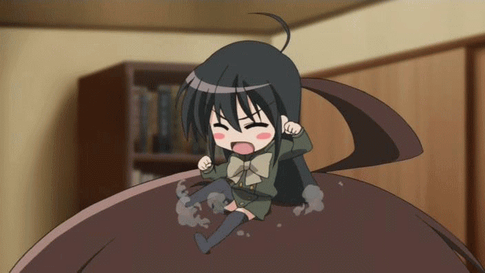 shana, shana-tan, shakugan no shana, shakugan no shana-tan, animated, animated gif, anime screenshot, 00s, 1girl, ahoge, black hair, chibi, chibi on head, female focus, on head, solo, tantrum, thighhighs