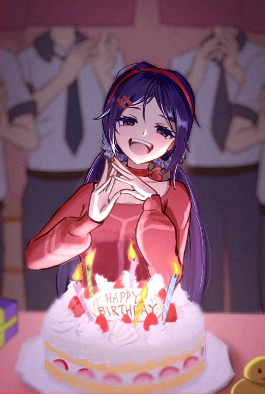 yame pi, crazy mita (miside), mita (miside), miside, highres, 1girl, 4boys, birthday cake, cake, candle, choker, crazy smile, food, hairband, half-closed eyes, happy birthday, long hair, looking at viewer, low twintails, multiple boys, purple eyes, purple hair, red choker, red hairband, red shirt, red sweater, shirt, smile, solo focus, sweater, twintails