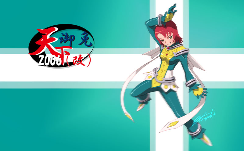 hisayuki hirokazu, juliet nao zhang, my-otome, 00s, 1girl, 2006, :d, anklet, arm up, armlet, blush, bodysuit, female focus, full body, glint, green eyes, hand on own head, jewelry, looking at viewer, open mouth, red eyes, skin tight, smile, solo, spider web print, teeth