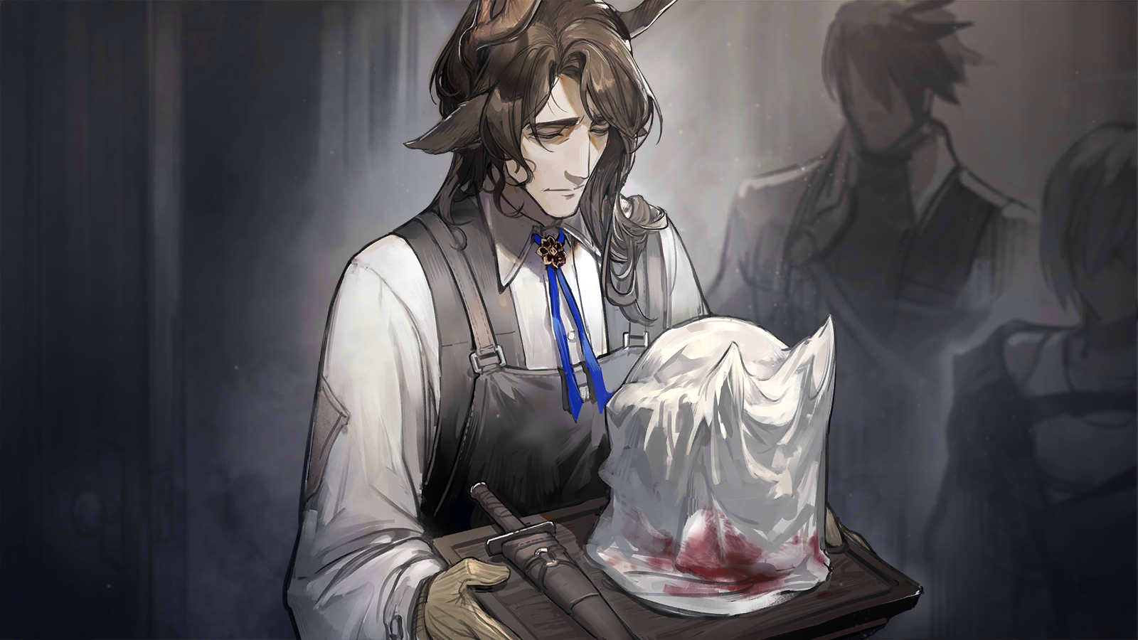 spuria (arknights), arknights, game cg, highres, official art, third-party source, 1girl, 2boys, animal ears, antlers, apron, blood, blue ribbon, bolo tie, brown apron, brown hair, clement dubois (arknights), closed eyes, closed mouth, collared shirt, dagger, deer antlers, deer boy, deer ears, faceless, faceless female, faceless male, gerald (arknights), gloves, holding, holding tray, horns, insider (arknights), knife, long hair, long sleeves, multiple boys, ribbon, severed head, sheath, sheathed, shirt, tray, weapon, white shirt, wooden tray, yellow gloves