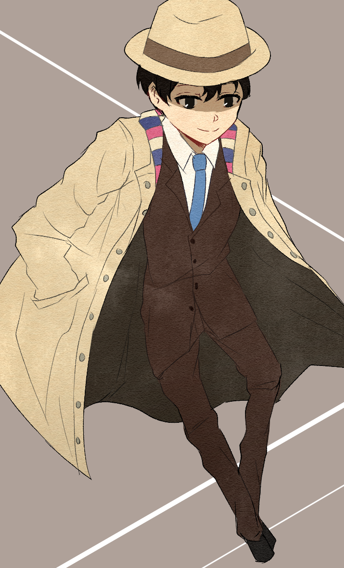 furirepu, moritsuka shun, occultic;nine, science adventure, 1boy, black eyes, black hair, blue necktie, brown jacket, brown pants, closed mouth, coat, collared shirt, fedora, formal clothes, full body, grey background, hat, jacket, long sleeves, looking at viewer, male focus, necktie, pants, shirt, short hair, simple background, smile, solo, standing, suit, trench coat, white shirt