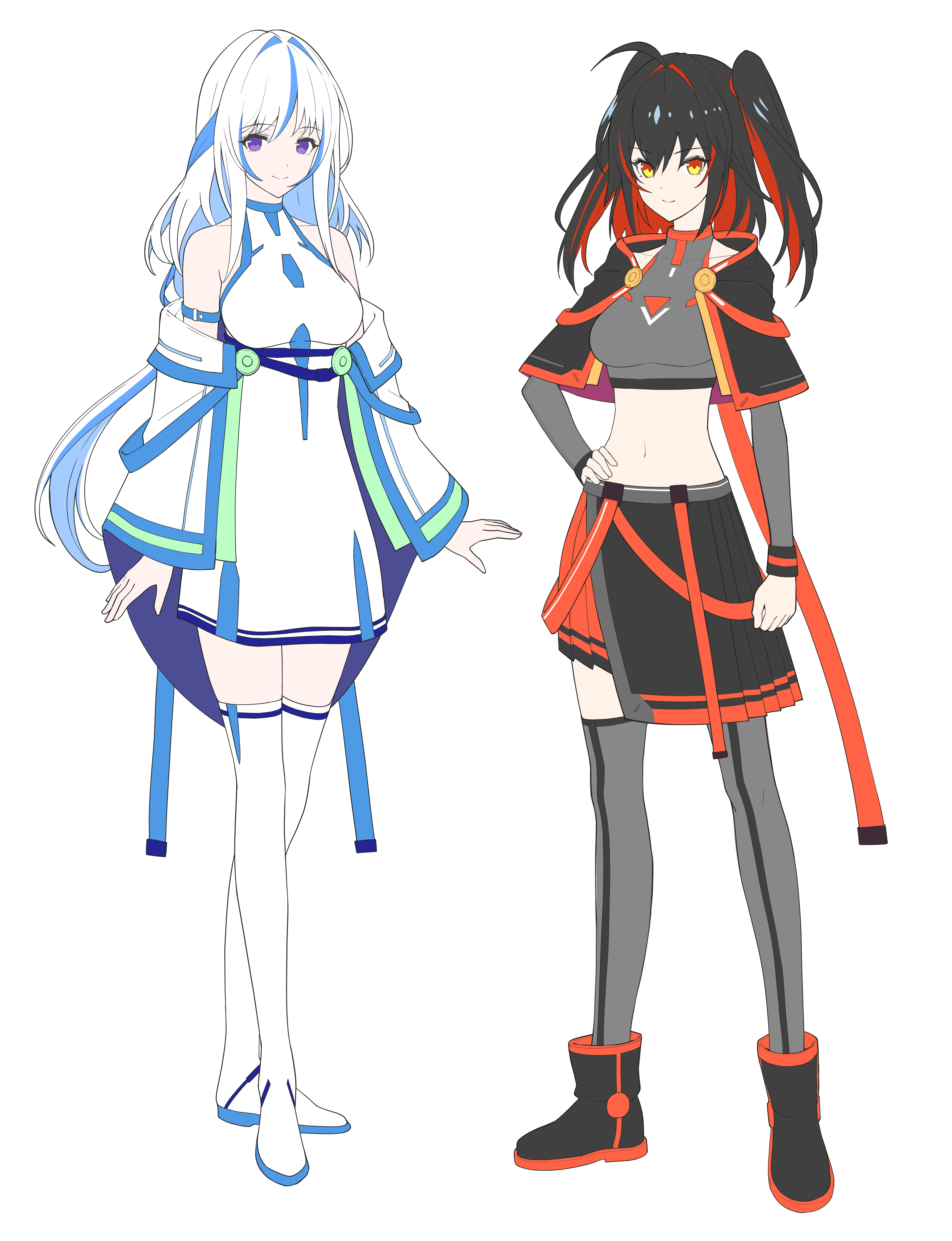 mytea (soso), original, absurdres, commentary, english commentary, highres, mixed-language commentary, 2girls, ahoge, ankle boots, bare shoulders, black boots, black capelet, black hair, black skirt, blue hair, boots, breasts, capelet, closed mouth, collarbone, colored inner hair, crop top, detached sleeves, dress, flat color, full body, grey shirt, grey sleeves, grey thighhighs, hair between eyes, hair intakes, hand on own hip, jacket, layered skirt, long hair, long sleeves, looking at viewer, medium breasts, multicolored hair, multiple girls, navel, off-shoulder jacket, off shoulder, pleated skirt, purple eyes, red eyes, red hair, shirt, sidelocks, simple background, skirt, sleeveless, sleeveless dress, sleeveless shirt, smile, standing, stomach, streaked hair, tachi-e, thigh boots, thighhighs, twintails, two-tone hair, white background, white boots, white dress, white hair, white jacket, zettai ryouiki