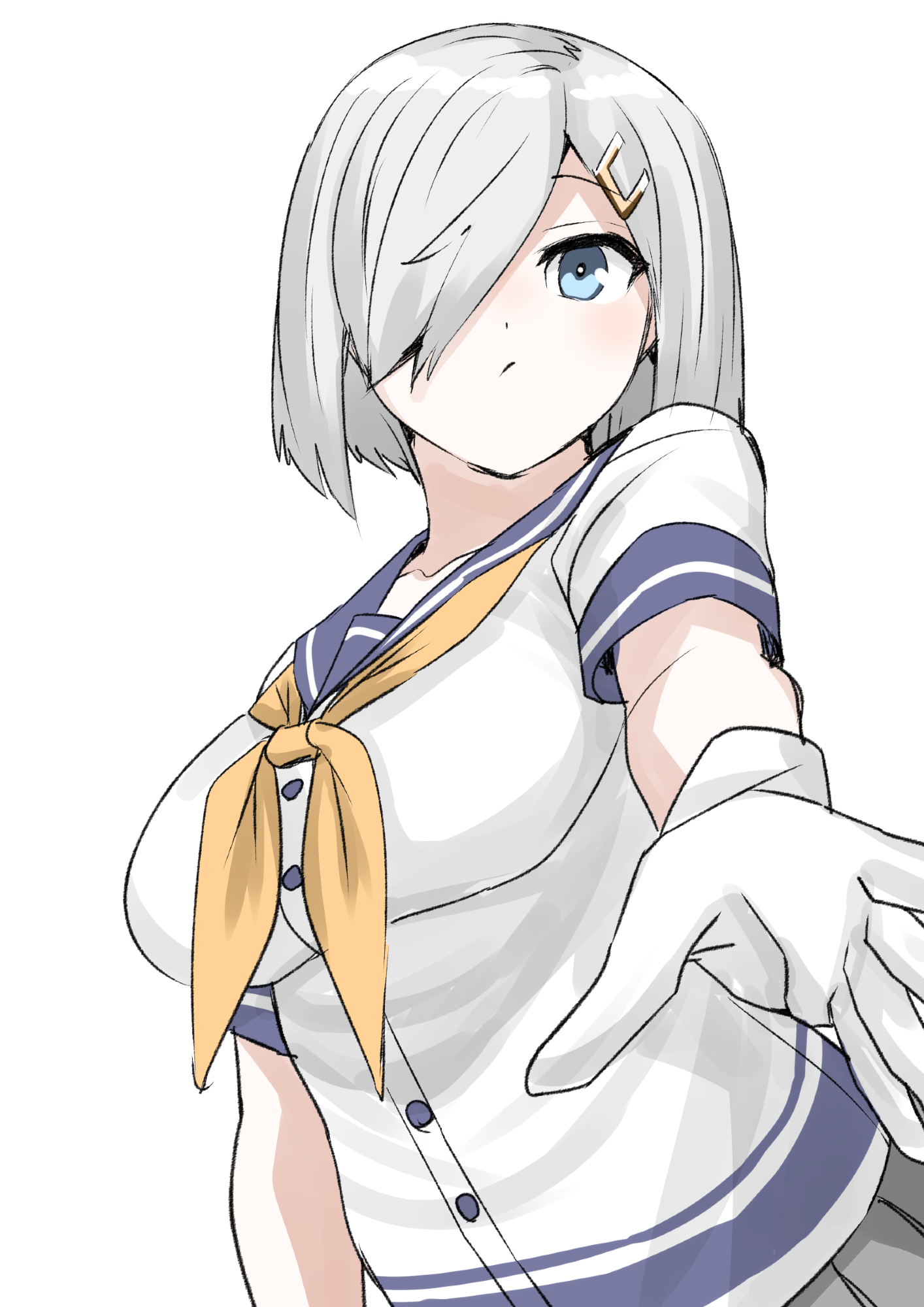 30-06, hamakaze (kancolle), kantai collection, highres, 1girl, blue eyes, blue sailor collar, gloves, grey hair, grey skirt, hair ornament, hair over one eye, hairclip, looking at viewer, neckerchief, pleated skirt, sailor collar, sailor shirt, school uniform, serafuku, shirt, short hair, simple background, skirt, solo, white background, white gloves, white shirt, yellow neckerchief