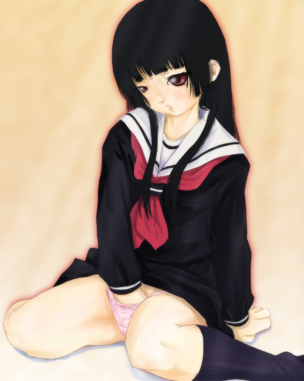 enma ai, jigoku shoujo, 00s, 1girl, arm support, black hair, black serafuku, black skirt, black socks, blunt bangs, blush, female focus, female masturbation, flat chest, hand in panties, hime cut, kneehighs, loli, long hair, masturbation, miniskirt, panties, pink panties, red eyes, school uniform, serafuku, sitting, skirt, socks, solo, underwear, white panties