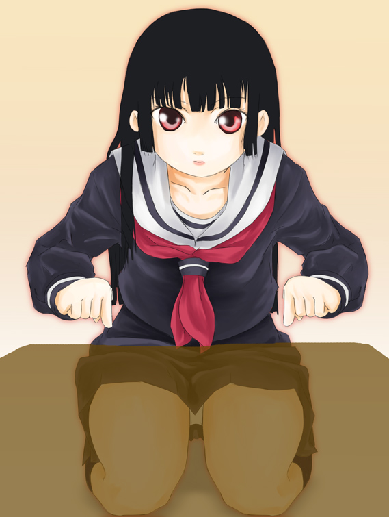 enma ai, jigoku shoujo, 00s, 1girl, black hair, black serafuku, blunt bangs, cross-section, female focus, gradient background, hime cut, long hair, panties, pantyshot, red eyes, school uniform, serafuku, sitting, skirt, solo, underwear