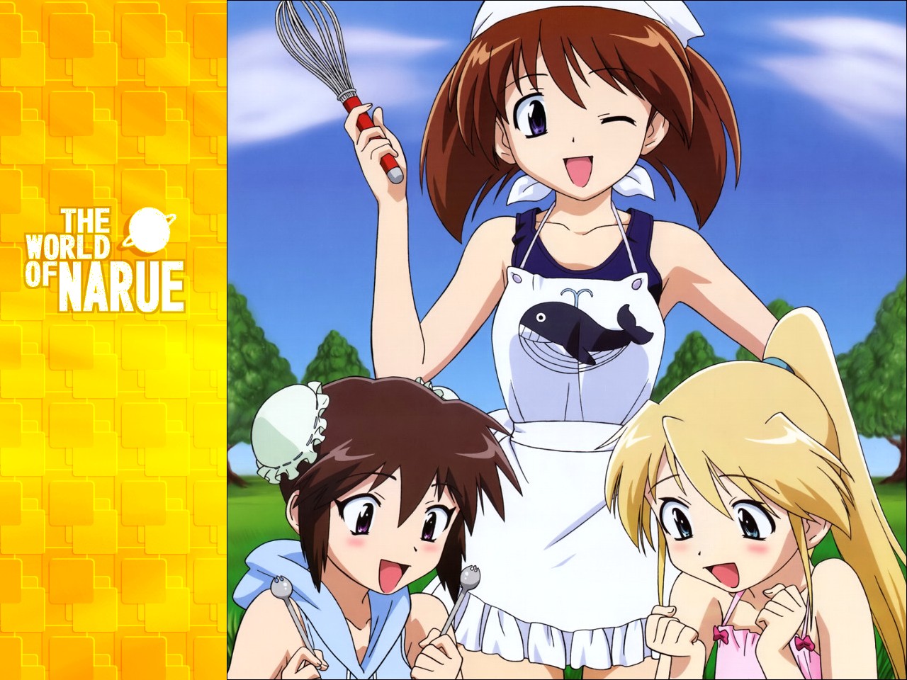 hirayama takaaki, asakura rin, nanase kanaka, nanase narue, narue no sekai, 3girls, apron, blonde hair, multiple girls, one-piece swimsuit, school swimsuit, swimsuit