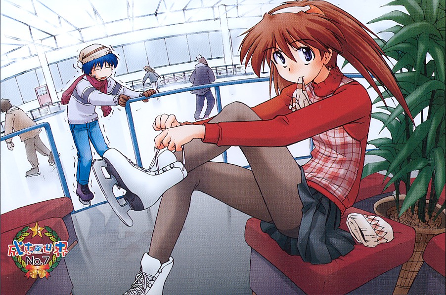 iizuka kazuto, nanase narue, narue no sekai, 1boy, 1girl, bench, blue eyes, brown hair, closed eyes, denim, gloves, hairband, iceskating, jeans, looking at viewer, miniskirt, mouth hold, pants, pantyhose, plant, potted plant, railing, red hair, scarf, shoe tying, sitting, skates, skating, skirt, sweater, trembling