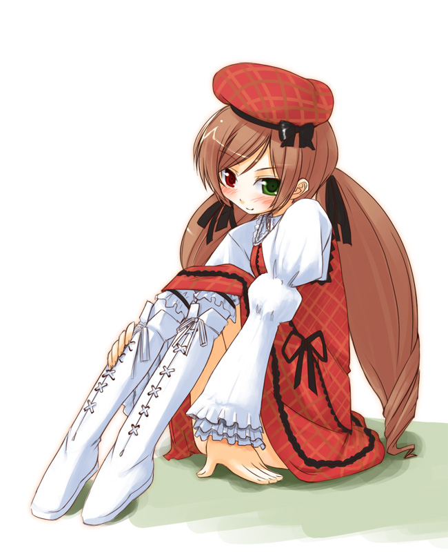 jirou (chekoro), suiseiseki, rozen maiden, frilled legwear, plaid headwear, white legwear, 00s, 1girl, blush, boots, brown hair, dress, drill hair, female focus, frills, full body, green eyes, hat, heterochromia, lolita fashion, long hair, long sleeves, plaid clothes, plaid dress, red dress, red eyes, simple background, sitting, solo, twin drills, twintails, very long hair, white boots