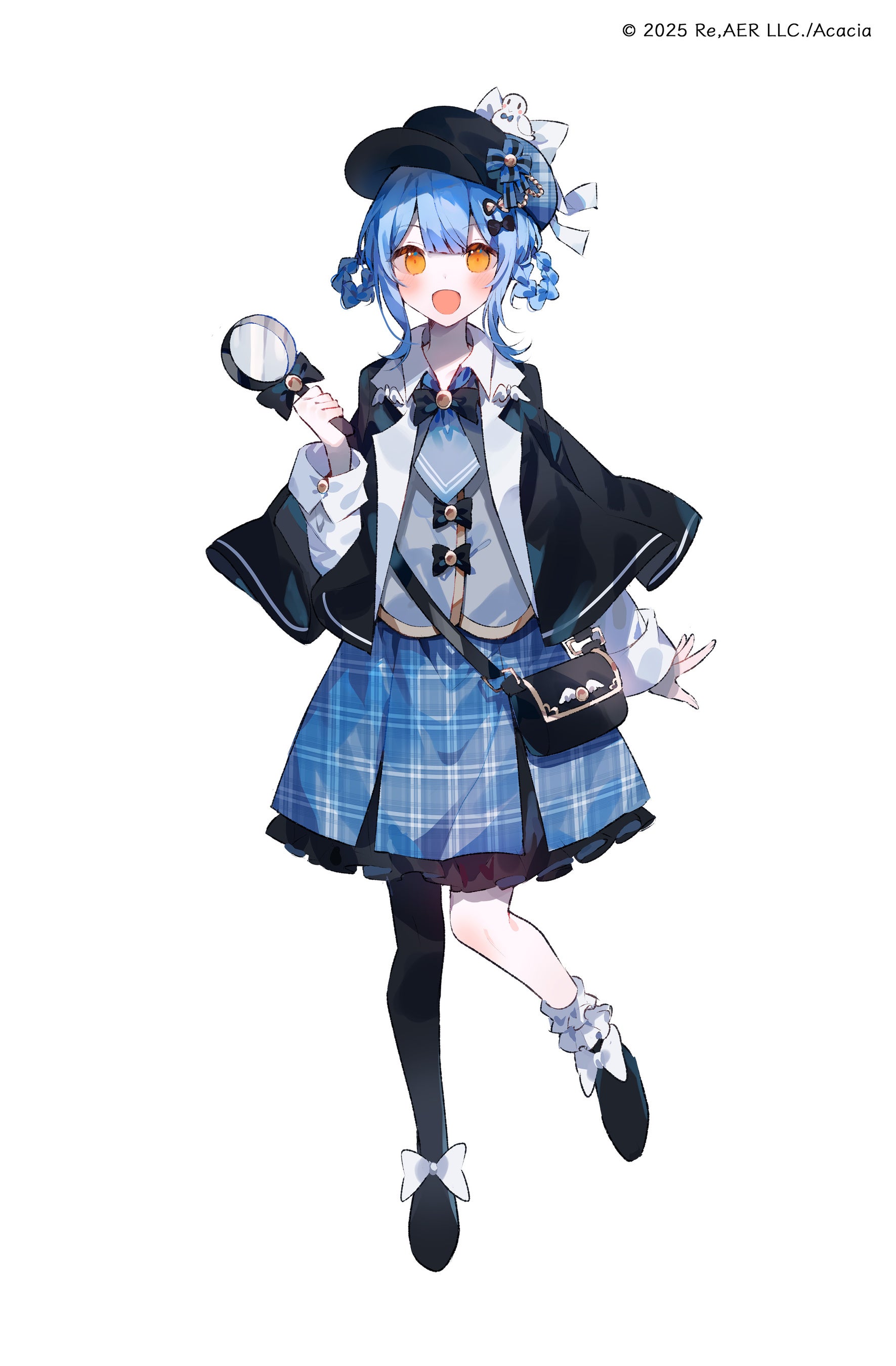 umemaro (siona0908), tachibana sherry, mahou shoujo no majo saiban, absurdres, highres, official art, second-party source, 1girl, :d, asymmetrical legwear, black bag, black hat, black pantyhose, black shoes, blue hair, blue skirt, blunt bangs, bow, braid, braided hair rings, copyright notice, detective, frilled skirt, frills, full body, hair rings, hat, holding, holding magnifying glass, long sleeves, looking at viewer, magical girl, magnifying glass, open mouth, pale skin, pantyhose, plaid clothes, plaid skirt, pleated skirt, shoes, short hair, simple background, single leg pantyhose, skirt, smile, solo, standing, standing on one leg, tachi-e, white background, white bow