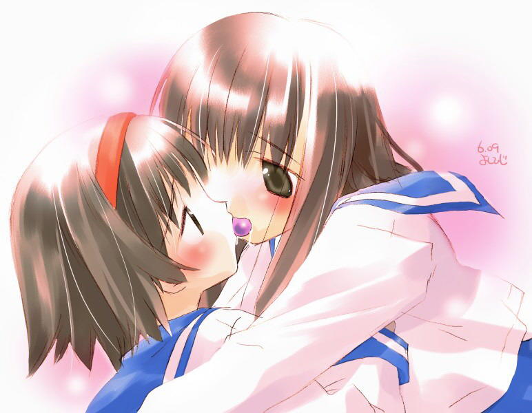 2girls, female focus, hairband, kiss, multiple girls, saliva, school uniform, serafuku, yuri