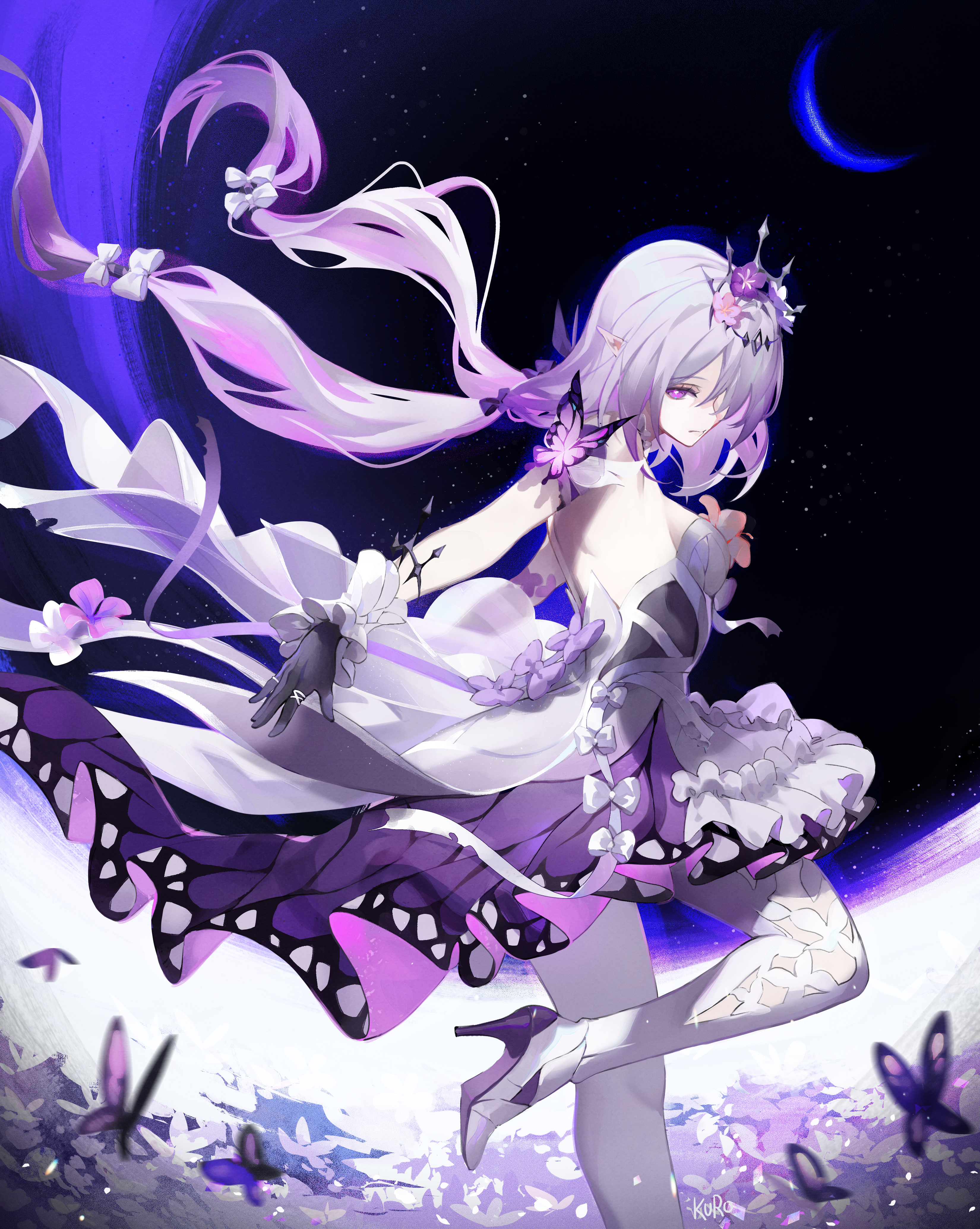 kamui (kurohshiro1), castorice (honkai: star rail), honkai: star rail, honkai (series), absurdres, commentary, highres, 1girl, black gloves, bug, butterfly, crescent moon, dress, flower, gloves, high heels, insect, layered skirt, long hair, looking at viewer, looking back, moon, outdoors, purple butterfly, purple eyes, purple flower, purple hair, purple skirt, single glove, skirt, solo, standing, standing on one leg, tiara, very long hair, white background, white dress