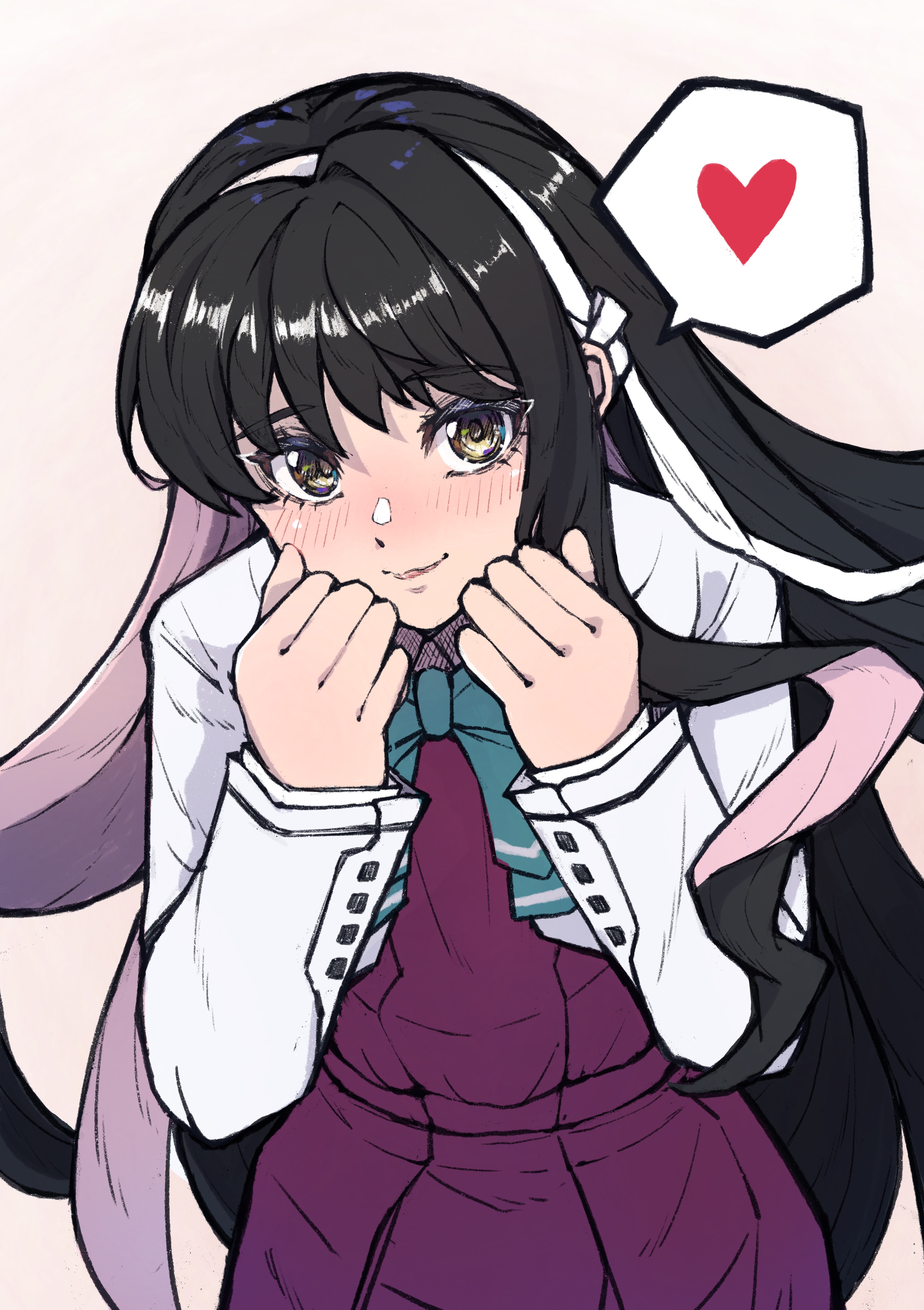 ld (luna dial398), naganami (kancolle), naganami kai ni (kancolle), kantai collection, absurdres, commentary request, highres, aqua bow, aqua bowtie, black hair, blazer, bow, bowtie, brown eyes, colored inner hair, dress, hair ribbon, hairband, halter dress, halterneck, heart, jacket, long hair, multicolored hair, pink hair, purple dress, ribbon, spoken heart, two-tone hair, wavy hair, white hairband, white jacket