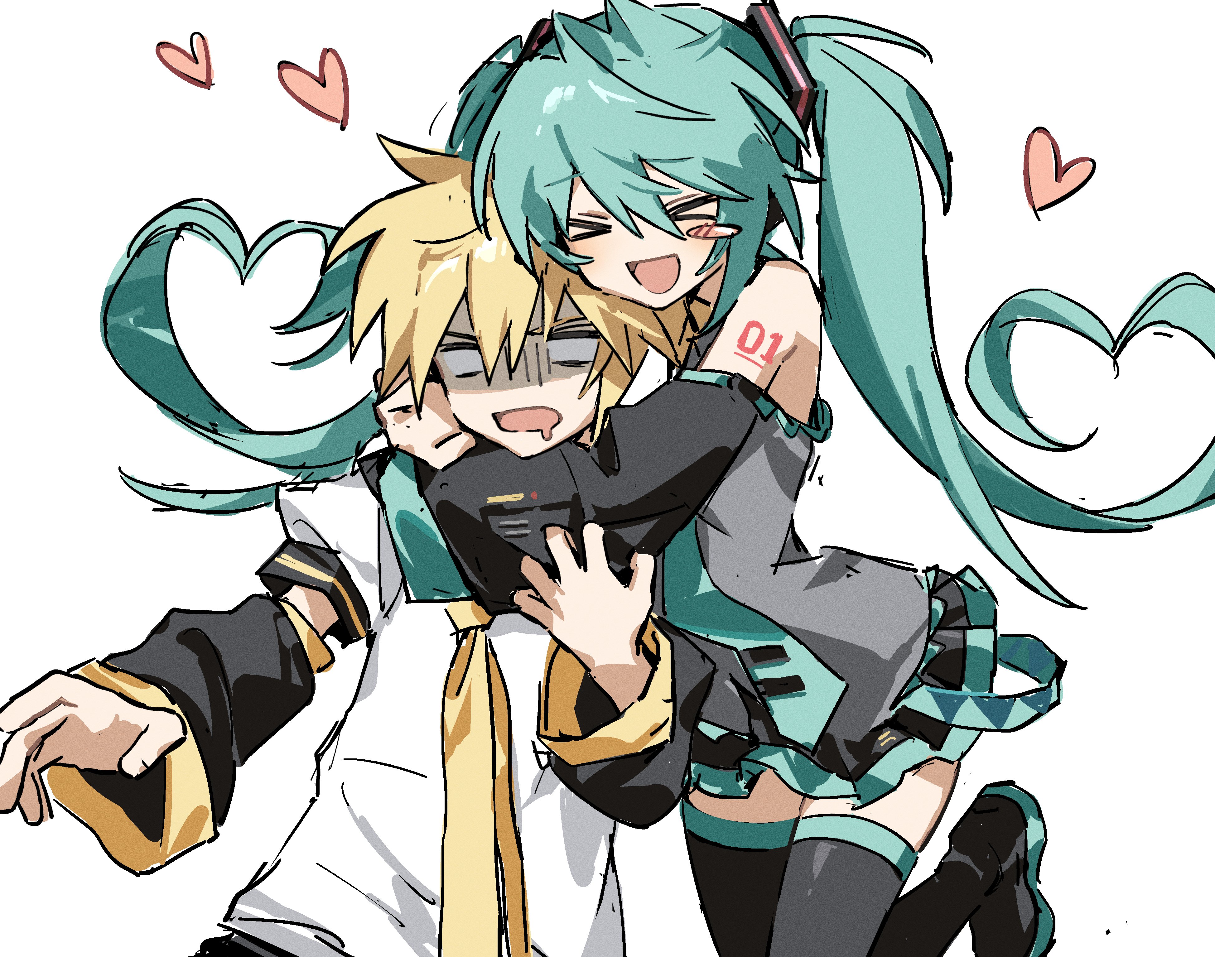 hatsune miku, kagamine len, vocaloid, absurdres, highres, 1girl, aqua hair, aqua necktie, bare shoulders, black sleeves, blush, blush stickers, detached sleeves, grey shirt, gyu9447, hair between eyes, heart, hetero, hug, hug from behind, long hair, necktie, number tattoo, open mouth, shirt, simple background, single blush sticker, skirt, sleeveless, smile, tattoo, twintails, very long hair