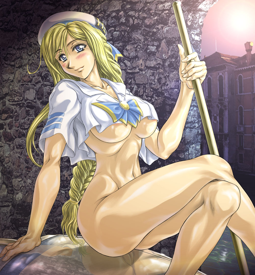 walhalla illusion, alicia florence, aria (manga), 00s, 1girl, blonde hair, blouse, blue eyes, bottomless, braid, breasts, female focus, large breasts, legs, long hair, pussy, reflection, shirt, solo, thighs, toned, toned female, underboob, white shirt