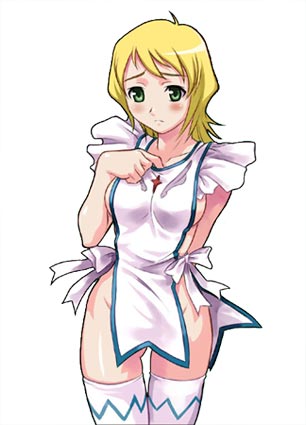 maruto!, erstin ho, my-otome, duplicate, lowres, 00s, 1girl, adjusting clothes, apron, arm behind back, blonde hair, blush, cowboy shot, female focus, gluteal fold, green eyes, naked apron, no dress, solo, thigh gap, thighhighs, white thighhighs