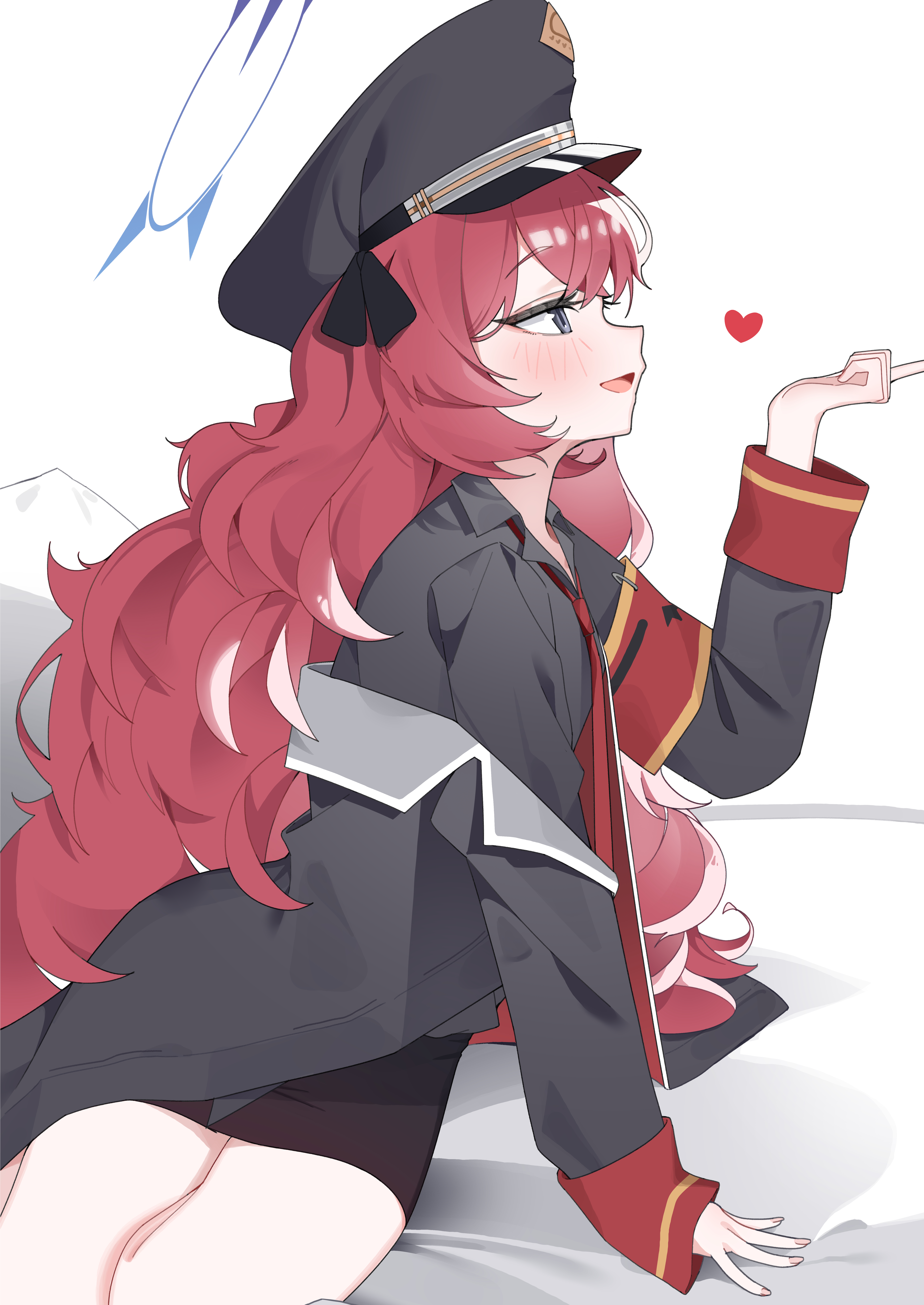 cetci, iroha (blue archive), blue archive, fluffy hair, absurdres, highres, 1girl, armband, blue halo, grey eyes, halo, hat, loose necktie, military hat, necktie, on bed, open mouth, peaked cap, red armband, red hair, red necktie, seductive smile, simple background, smile, solo, white background