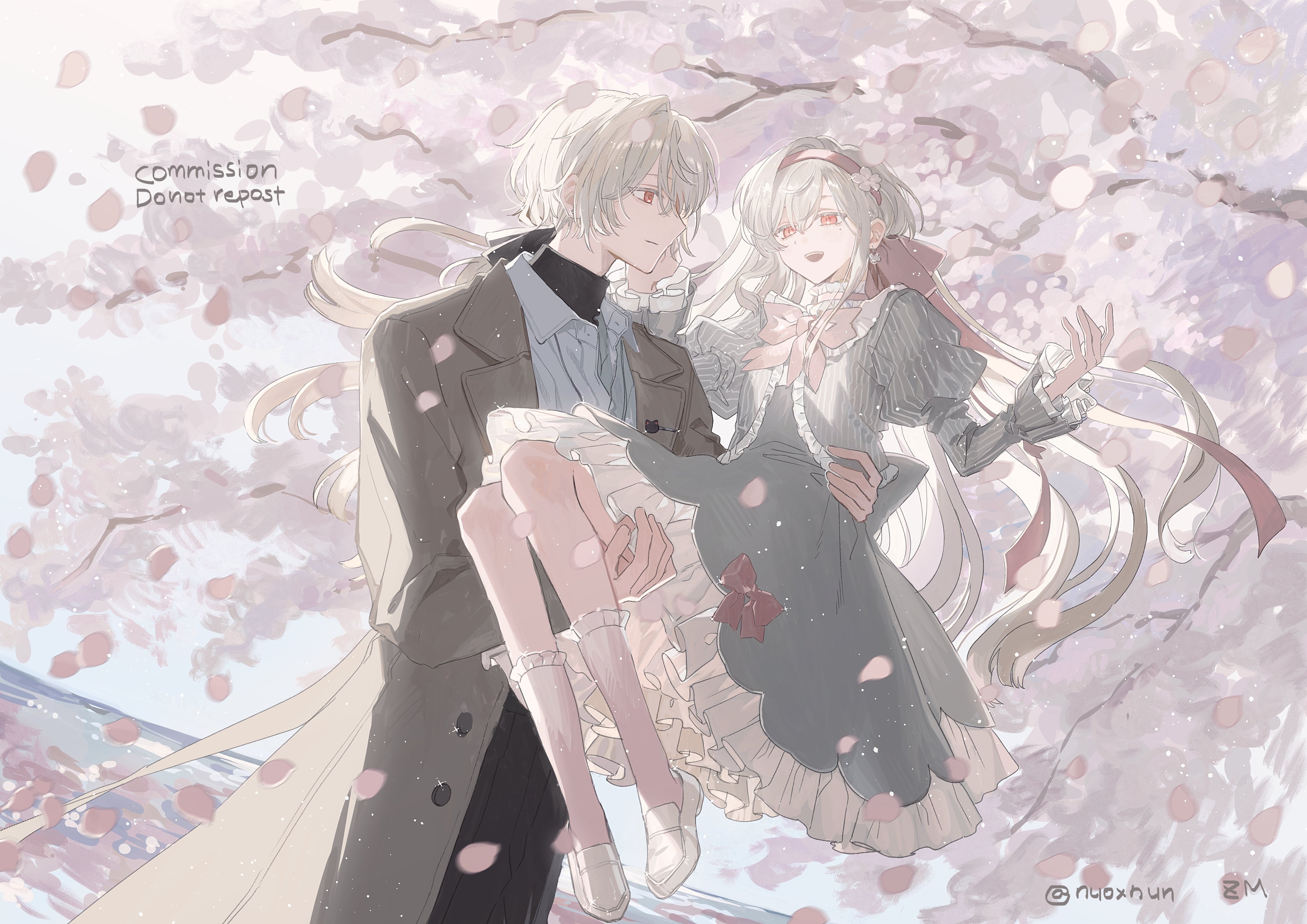 isshin (kaxz), original, absurdres, commission, highres, 1boy, 1girl, artist name, black pants, brown coat, carrying, carrying person, coat, dress, frilled dress, frills, grey dress, hair ribbon, hairband, juliet sleeves, long hair, long sleeves, looking at another, open mouth, pants, pink hairband, pink ribbon, puffy sleeves, red eyes, red ribbon, ribbon, shirt, shoes, socks, tree, white hair, white shirt, white shoes