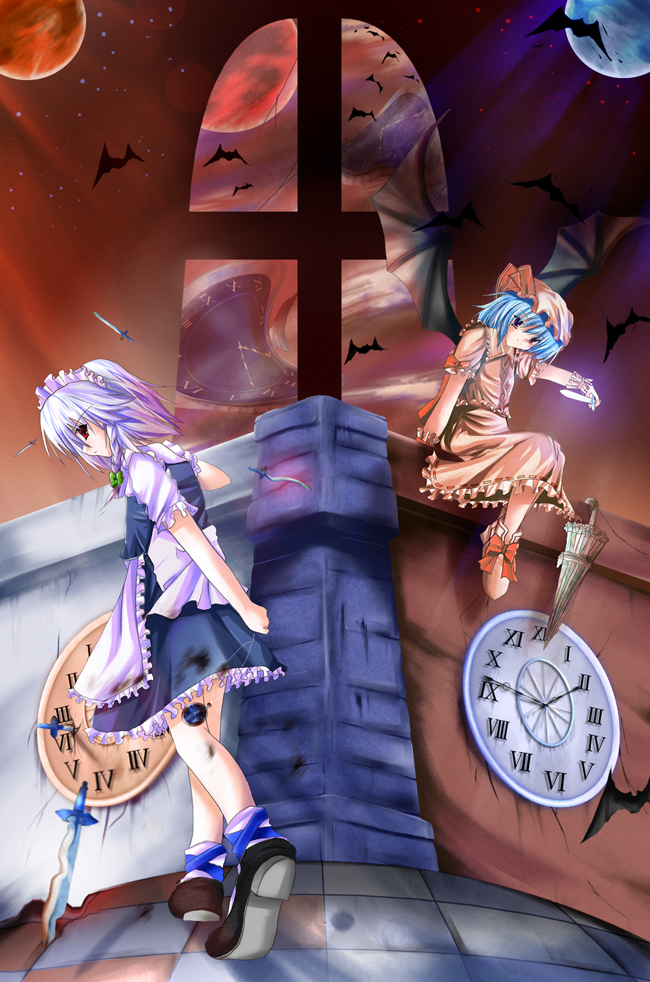 izayoi sakuya, remilia scarlet, touhou, 2girls, bat (animal), bat wings, blue hair, checkered floor, clock, closed umbrella, female focus, full moon, hat, knife, maid, mob cap, moon, multiple girls, red eyes, red moon, roman numeral, short hair, umbrella, white hair, wings