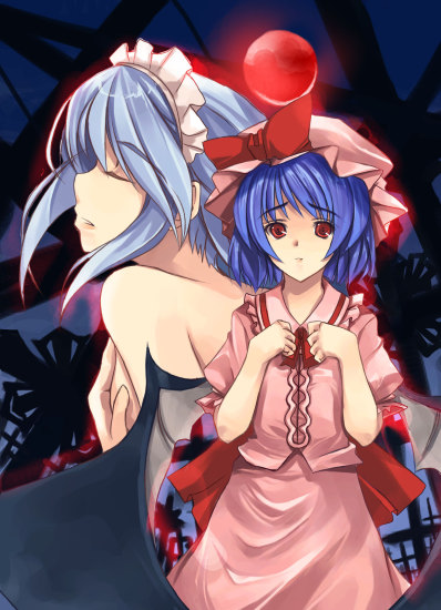 hamayumiba sou, izayoi sakuya, remilia scarlet, touhou, 2girls, ascot, blue background, blue hair, breasts, dress, female focus, frills, hat, maid, maid headdress, multiple girls, nude, pink dress, pink hat, red eyes, short hair, sideboob