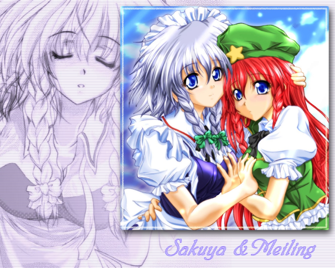 hong meiling, izayoi sakuya, embodiment of scarlet devil, touhou, hand on back, silver hair, 2girls, apron, blue eyes, blush, bow, braid, breasts, china dress, chinese clothes, closed eyes, couple, dress, female focus, frown, grabbing another's breast, groping, hair bow, hand on another's head, hat, long hair, maid, maid apron, maid headdress, multiple girls, open mouth, red hair, short hair, smile, star (symbol), twin braids, undressing, yuri