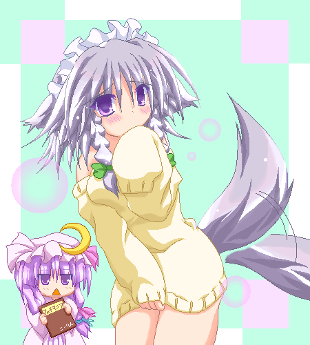 marimo (artist), inu sakuya (nejikirio), izayoi sakuya, patchouli knowledge, touhou, silver hair, lowres, 2girls, animal ears, blush, book, braid, chibi, dog ears, dog tail, dress, female focus, hairband, hat, kemonomimi mode, long hair, long sleeves, maid, maid headdress, multiple girls, oekaki, off shoulder, purple eyes, purple hair, ribbon, short hair, sleeves past wrists, sweater, sweater dress, tail, tail wagging, twintails