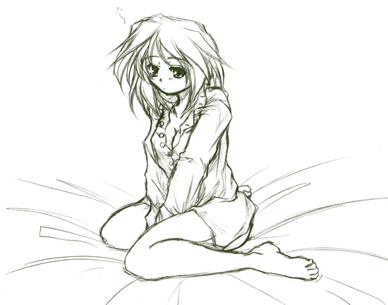 izayoi sakuya, touhou, 1girl, barefoot, feet, female focus, full body, green theme, monochrome, open clothes, open shirt, shirt, sketch, solo, white background