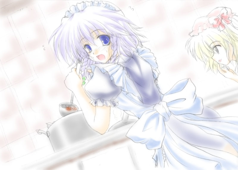 flandre scarlet, izayoi sakuya, touhou, 2girls, blue eyes, braid, cooking, cooking pot, dutch angle, female focus, looking back, maid, maid headdress, multiple girls, pale color, short hair, smile, twin braids, white hair