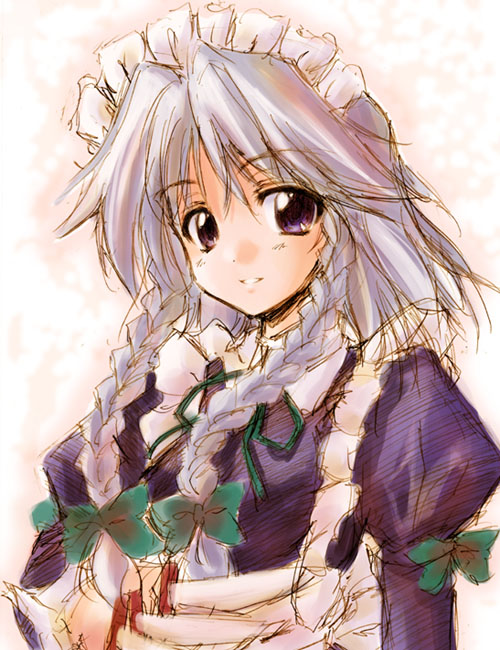 hirasaka makoto, izayoi sakuya, touhou, silver hair, 1girl, :d, apron, bow, braid, female focus, hair bow, knife, looking at viewer, maid, maid apron, maid headdress, motion blur, open mouth, puffy sleeves, purple eyes, simple background, sketch, smile, solo, twin braids, upper body, white background