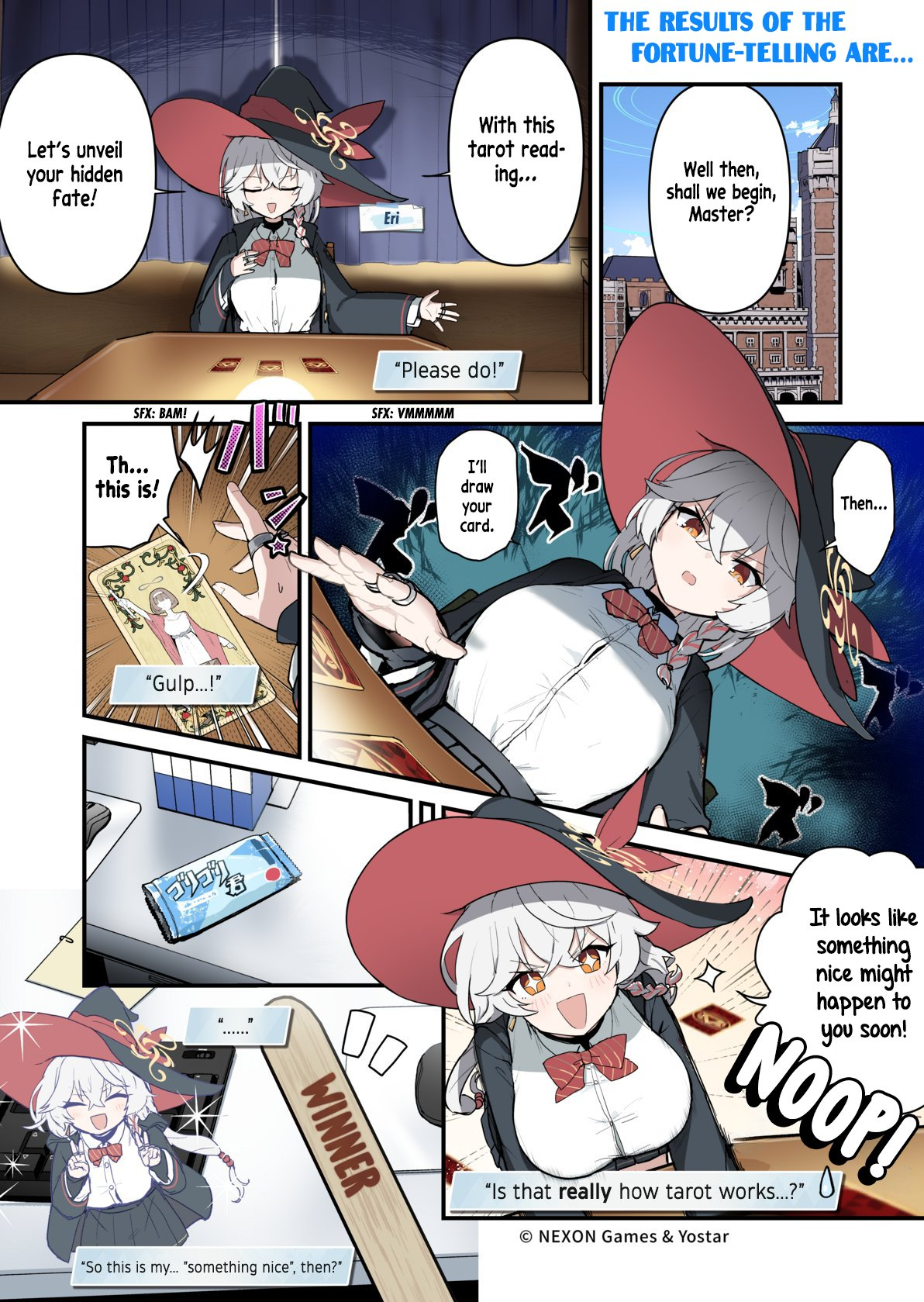 eri (blue archive), blue archive, bow, bowtie, braid, card, comic, english translation, gag, halo, hat, jacket, long coat, long hair, orange eyes, popsicle stick, shirt, skirt, sweater, white hair, witch hat, wrapping