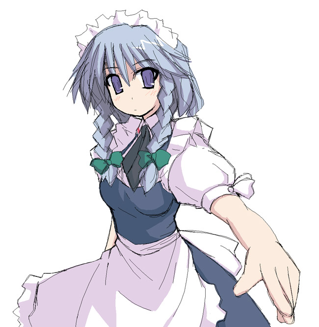 izayoi sakuya, touhou, silver hair, 1girl, :o, apron, blue eyes, bow, bowtie, braid, female focus, hair bow, head tilt, looking at viewer, maid, maid apron, maid headdress, oekaki, reaching, reaching towards viewer, short hair, simple background, solo, twin braids, waist apron, white background