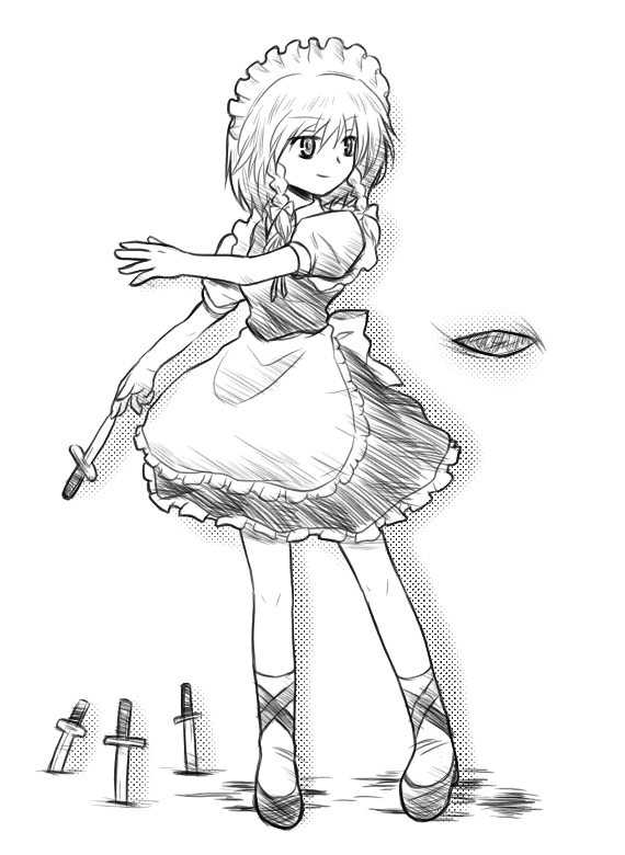 izayoi sakuya, touhou, 1girl, braid, female focus, gradient background, greyscale, knife, maid, monochrome, sketch, solo