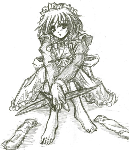 izayoi sakuya, touhou, 1girl, barefoot, feet, female focus, green theme, greyscale, knife, maid, monochrome, sketch, socks, solo