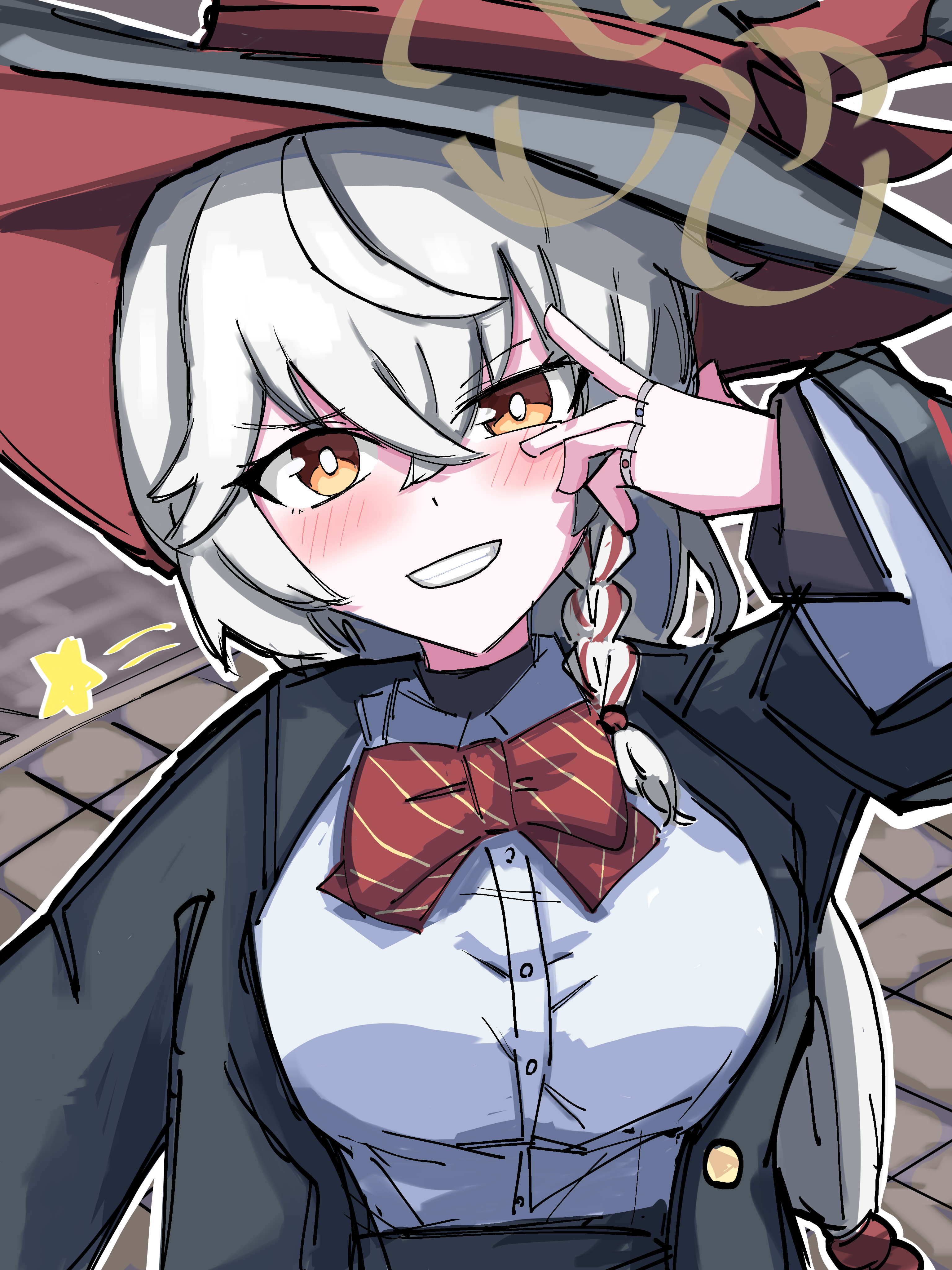 eri (blue archive), blue archive, bow, bowtie, braid, grin, halo, hat, jacket, long coat, long hair, orange eyes, shirt, skirt, smile, sparkle, sweater, upper body, v, white hair, witch hat
