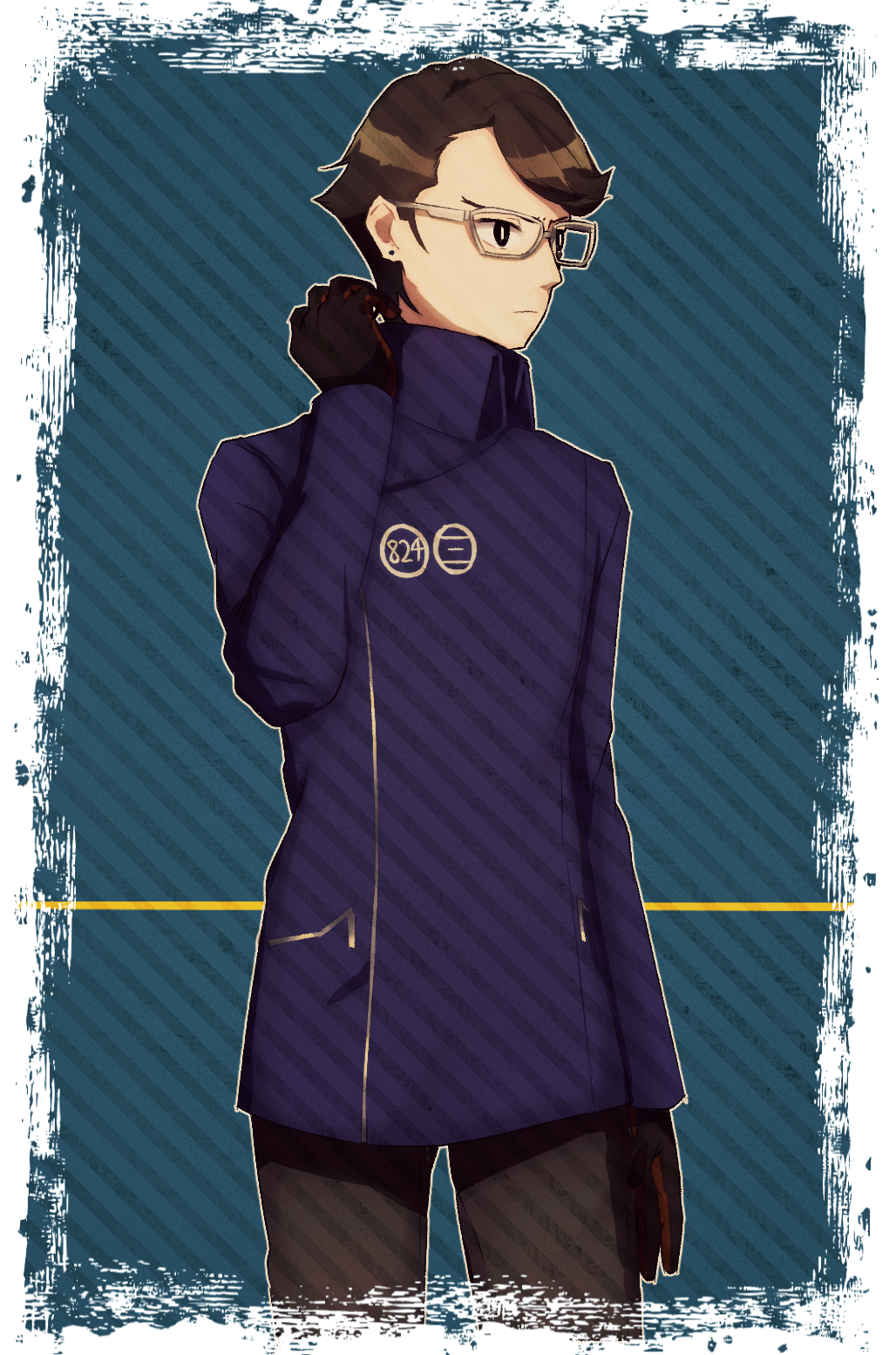 furirepu, hashigami sarai, narusawa ryouka, occultic;nine, science adventure, highres, 1boy, black gloves, black hair, blue coat, closed mouth, coat, cowboy shot, expressionless, glasses, gloves, long sleeves, looking to the side, male focus, short hair, solo, standing
