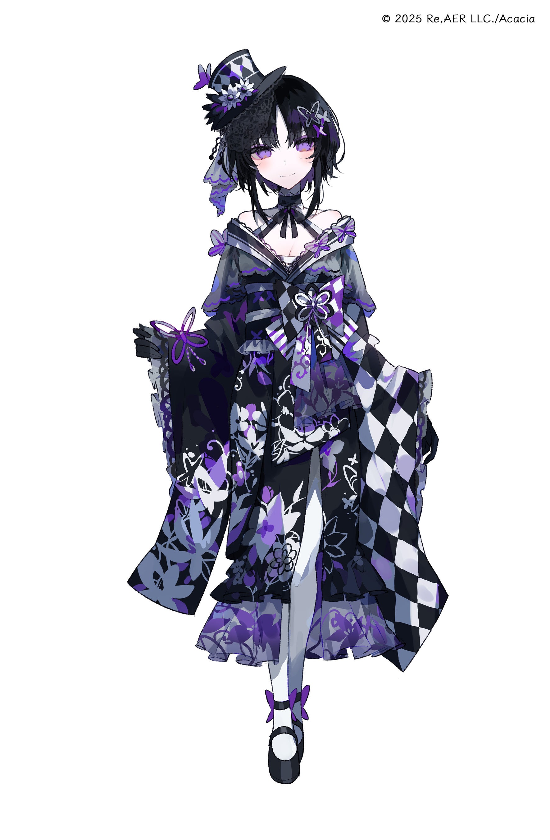 umemaro (siona0908), houshou margo, mahou shoujo no majo saiban, absurdres, highres, official art, second-party source, 1girl, bare shoulders, black gloves, black hair, black hat, black kimono, black ribbon, black shoes, breasts, butterfly hair ornament, cleavage, closed mouth, copyright notice, floral print, flower, full body, gloves, hair ornament, hat, hat flower, japanese clothes, kimono, long sleeves, looking at viewer, magical girl, neck ribbon, pale skin, pantyhose, parted bangs, purple eyes, ribbon, shoes, short hair, simple background, smile, solo, standing, tachi-e, white background, white flower, white pantyhose, wide sleeves